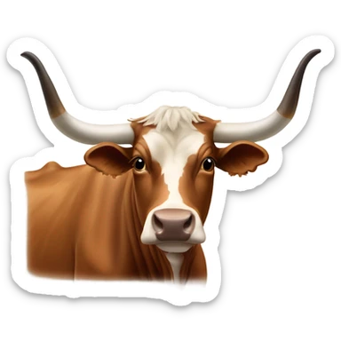 Longhorn brown cow with white tape over his nose that says bevo sticker