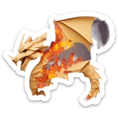 Charred flaming fiery Beige Origami dragon made of newspapers on fire letters on fire burnt paper surrounded by fairy lights swirls covered in dried flowers bokeh floral flowers fire flames sticker