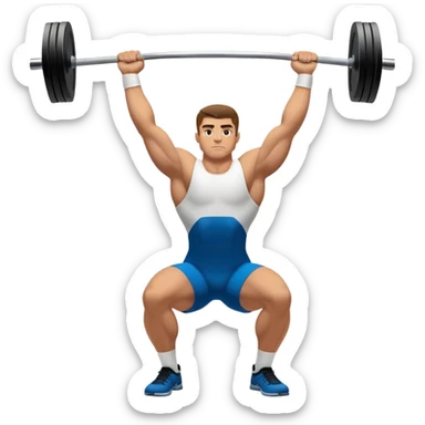 Emblem representing weightlifting with a strong athlete in a classic lifting stance, holding a barbell overhead. Dynamic, powerful pose with a focus on strength. Clean lines, bold silhouette, and transparent background, symbolizing the intensity and discipline of the sport sticker