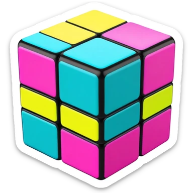 A 3x3 Rubik's Cube with radical 90s American color scheme, slightly twisted position, fluorescent colors, teal, hot pink, neon yellow, and purple sticker