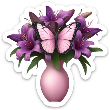 Aesthetic butterfly with purple and pink wings sitting on a dark purple bouquet of Lilies in a pastel pink vase sticker