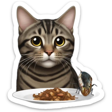 Black mackerel tabby cat eating a cockroach sticker