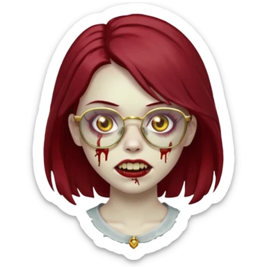 A zombie girl with dark red mid length  hair with golden grills and glasses sticker