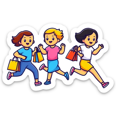 shoppers running with the salesgirl, bright colors and playful expressions sticker