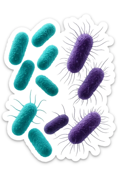 5 BATTERI BUONI E 5 BATTERI CATTIVI FLUTTUANO IN ARIA, I BATTERI BUONI FALLI TURCHESI, I BATTERI CATTIVI FALLI VIOLA, IPERREALISTICO 4K, NON DISEGNATO sticker