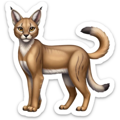 Realistic patterned marked edgy greyish blackish whitish silvery Shiny Colorful Glossy Caracal-Lioness-Bobcat-fusion-animal-hybrid-creature, full body, tufted ears, long thin tufted tail sticker