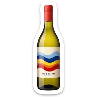 single isolated bottle of natural wine with wavy design in primary colors on the label. bottle is isolated. no glass. sticker