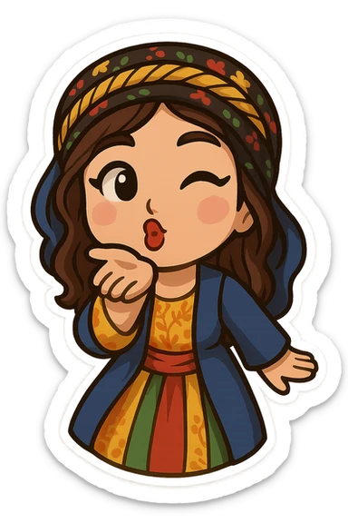 Cartoon sticker of a Kurdish woman in traditional Kurdish female clothing, colorful and cheerful, face sending a kiss (lips puckered, winking or eyes closed), one hand in front of mouth as if blowing a kiss, no shadows or color halos around the image, no text, suitable for WhatsApp and Instagram, fully transparent background. sticker