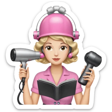 Emoji de mujer con casco secador, pelo recogido, rulos y leyendo revista, estilo vintage chic sticker