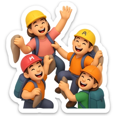 Create a dynamic and fun group climb scene with several characters climbing together while laughing joyfully. The style should be 3D emoji style, capturing the playful and energetic mood. Remove the background to isolate the characters. sticker