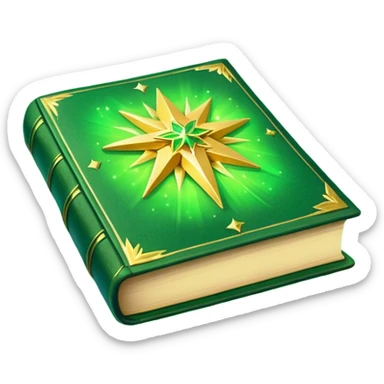 A **green, glowing book** with **golden edges**, floating with **sparkles and magical wisps** around it. The cover features a **golden starburst sigil**, symbolizing charm and radiance. ✨📖 sticker