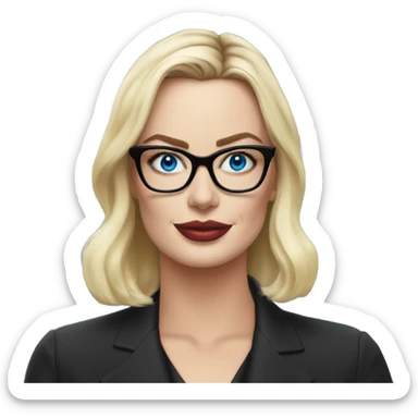 Real margot robbie secretary,  bright blue eyes, wearing black glasses  sticker