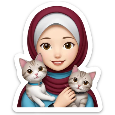 Asian White girl wearing cute maroon hijab and white dress holding a black grey tabby cat while smiling. The cat is wearing a blue collar sticker