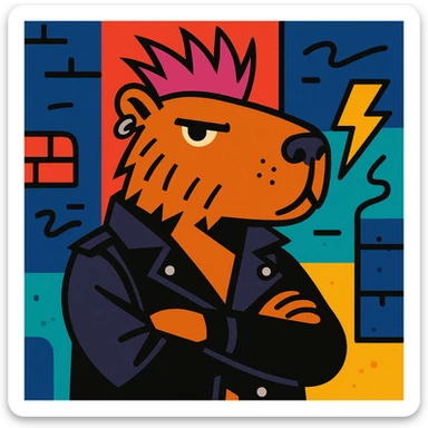 Chigüiro Punketo, a capybara with a punk style: mohawk, piercings, leather jacket, attitude, urban street style sticker