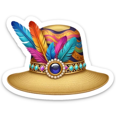 wide-brimmed hat with a colorful feather sticker