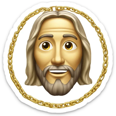 A gold chain attached to a gold and platinum medallion with the face of Jesus smiling. sticker