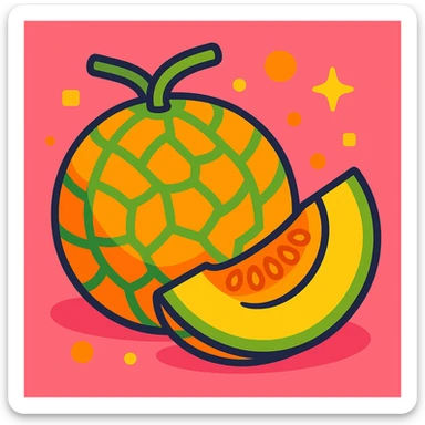 cartoon style cantaloupe fruit, bright colors, playful sticker
