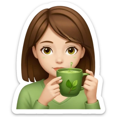 a girl with brown hair drinking matcha sticker