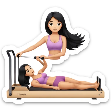 woman with bra, tanned long black hair, doing Pilates reformer sticker