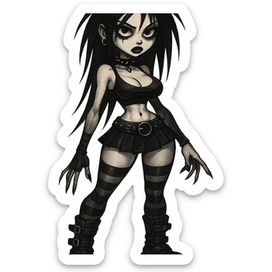 goth girl with exaggerated proportions in a dark, edgy style sticker