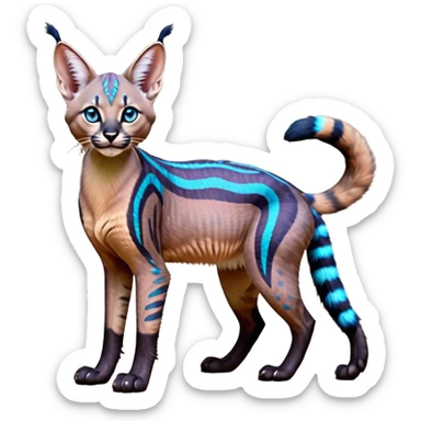 A Colorful iridescent exotic tropical tribal cute happy realistic esoteric patterned fluffy furry dark caracal-Lykoi-bobcat-sphynx-genet-civet-Fakémon-fursona-hybrid-fusion-animal-creature, full body, 4-legged sticker