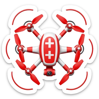 Rescue drone sticker, emergency quadcopter with medical cross symbol, red and white color, simple flat vector style, bold outline, transparent background sticker
