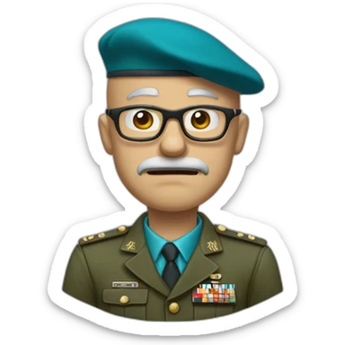 Realistic cyan beret bald very furious 50 years old man with glasses no hair furious very angry frown with khaki uniform sticker