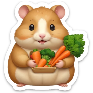 Cute chubby cartoon-style hamster holding a small bento box filled with vegetables, smiling proudly. Soft painterly shading, white background, sticker-style illustration sticker