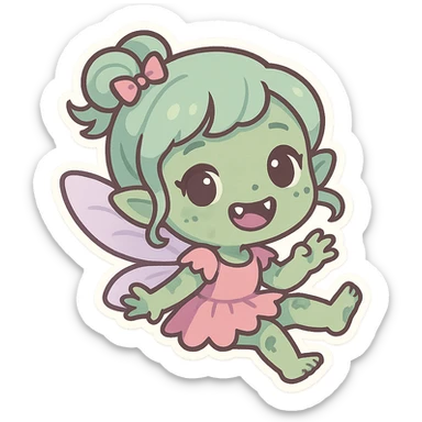 zombie fairy, cute chibi style, tiny fangs, pastel colors, playful pose sticker