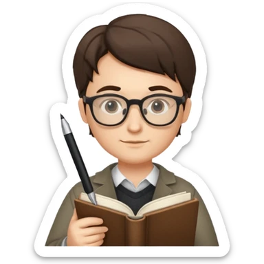 writer holding pen and book, wearing glasses sticker