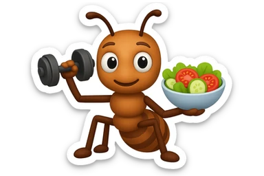 EMOJI STILE IPHONE 3D DI UNA formica CHE ha un manubrio da palestra nella mano destra e un insalata nella mano sinistra, FAGLI GLI OCCHI CON LA PARTE BIANCA, NON SOLO LA PUPILLA sticker