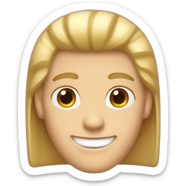 White guy with half long brow hair and a large smile sticker