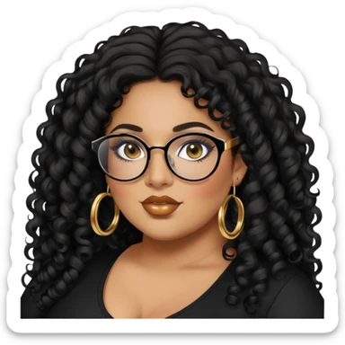 big plus size, latina, darker tan skin, gold hoops, long black curly hair, baddie,pretty, makeup, lipgloss, black eyeliner, long hair, black top, black glasses sticker