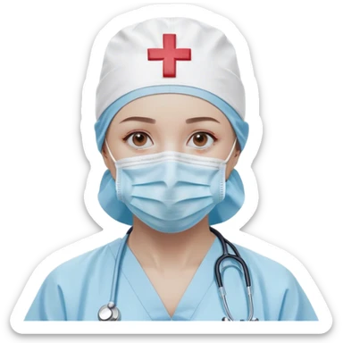 "A minimalistic bust of a surgeon wearing a light blue surgical cap and mask, covering the lower half of the face. The eyes are simple yet expressive, conveying focus and professionalism. The figure is dressed in a smooth, clean surgical gown with a small red cross emblem on the chest. A thin, simplified stethoscope drapes around the neck. The background features a subtle, abstract medical symbol like a heartbeat line or a small scalpel icon. The design is sleek and modern, with smooth lines and soft shading, following a minimalist emoji style sticker