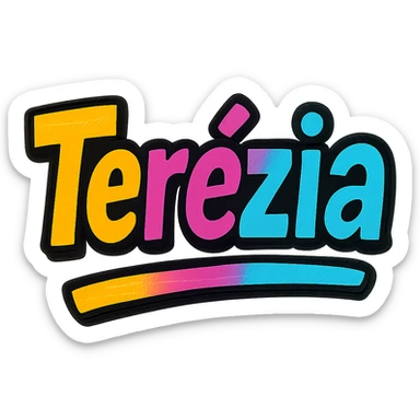 Terézia name in modern colorful gradient font with dark outline, dynamic slanted or partial underline, transparent background, in the style of reference patterns sticker
