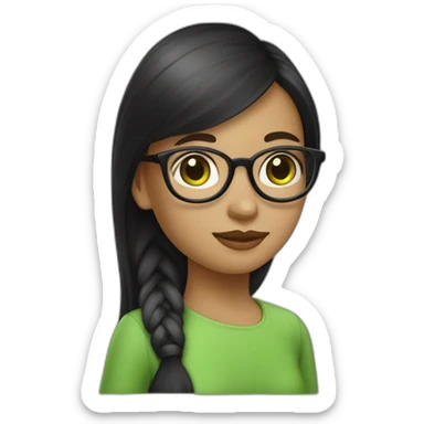 une fille avec de long cheveux noir lisse , des yeux vert , et avec des lunette (en forme de carrer un peu déformé) assez grosse comparer a ça tête sticker