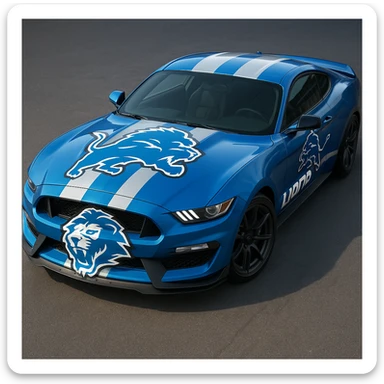 A Ford car decorated in Detroit Lions colors and logo, blue and silver, with a roaring lion emblem on the hood, sporty and bold. sticker