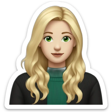 Fair skinned girl with green-blue eyes, just past shoulder length blonde hair, black sweater sticker