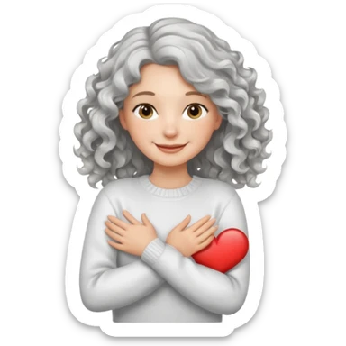 silver, wavy/curly hair shoulder-length smiling lady giving hug sticker