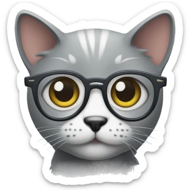 A grey cat with beady eyes and glasses sticker