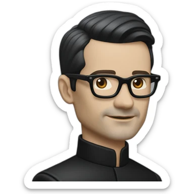 small photo realistic Ralf Hutter from Kraftwerk, short straight black hair, Dark Brown eyes, black glasses, thin, black shirt, side view, waving, riding open top black tesla sticker