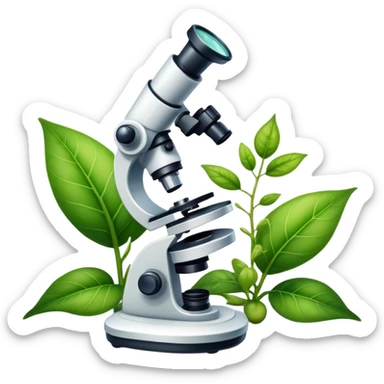 An icon featuring a DNA strand, a microscope, and a green leaf, symbolizing biology. The design includes animal cells, plant structures, and a frog, representing the study of living organisms and ecosystems. Transparent background highlights life sciences and biological research. sticker