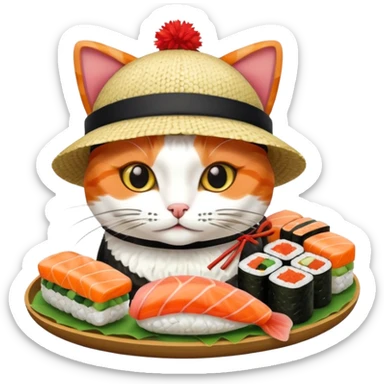 cat wearing a hat made out of sushi sticker
