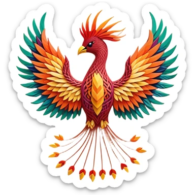 String art icon, colorful threads forming a detailed, vibrant phoenix (firebird) in front view, intricate patterns, pins on a board, minimalistic style, clean lines, transparent background. sticker