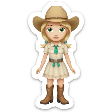 cowgirl bionda con occhi verdi/azzurri con un vestito bianco stivali e cappello beige sticker