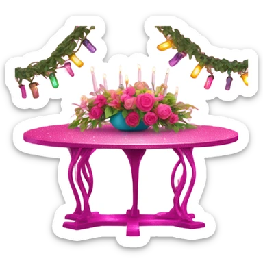 Hot pink table with glitter covered in lights and vines and flowers  sticker