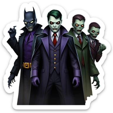 Icon for Thriller Movies: A large, dramatic collage featuring sinister villains and zombies in dark clothing. The background shows the gloomy cityscape of Gotham with dim lighting and eerie shadows. The atmosphere should be tense, mysterious, and suspenseful. Transparent background. sticker