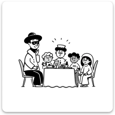 hand-drawn doodle of a burrito dressed as a bandit, sharing iftar with friends, black doodle style sticker