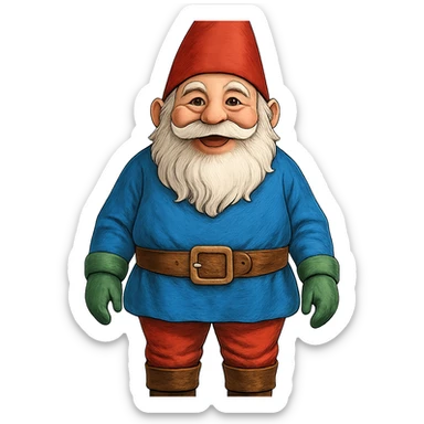 A large gnome in a colorful outfit, standing tall with a cheerful expression sticker