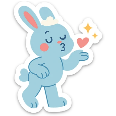 full-body pastel blue bunny with cloud, blowing a kiss with sparkles, pastel-toon style sticker